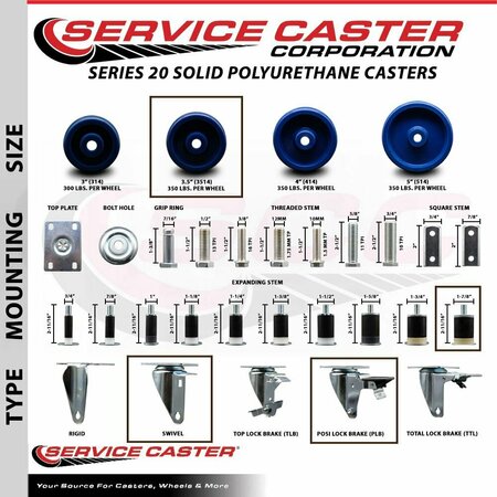 Service Caster 3.5'' Solid Poly Wheel Swivel 1-7/8'' Expanding Stem Caster Set 2 Brakes, 4PK SCC-EX20S3514-SPUS-2-PLB-2-178